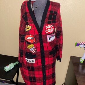 Red Plaid Women's Cardigan with Patches